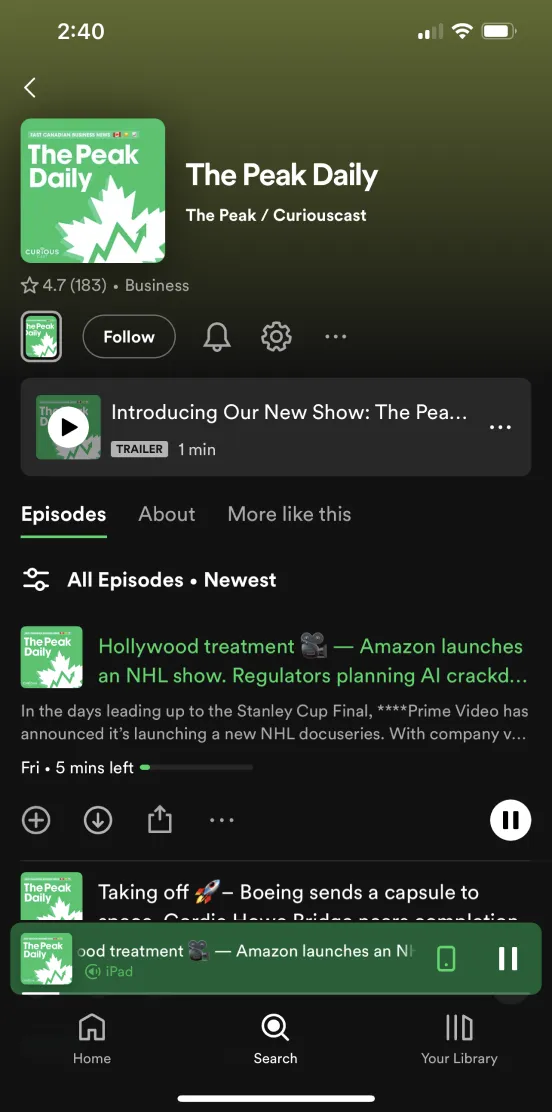 Spotify listing of The Peak Daily postcasts