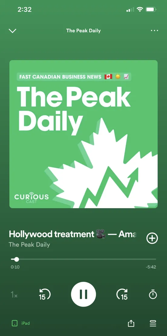 Spotify playing a The Peak Daily podcast episode